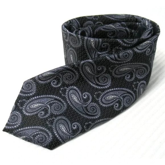 JOSEPH ABBOUD Men's 100% Silk Necktie Paisley Pattern Black and Gray - Picture 1 of 4